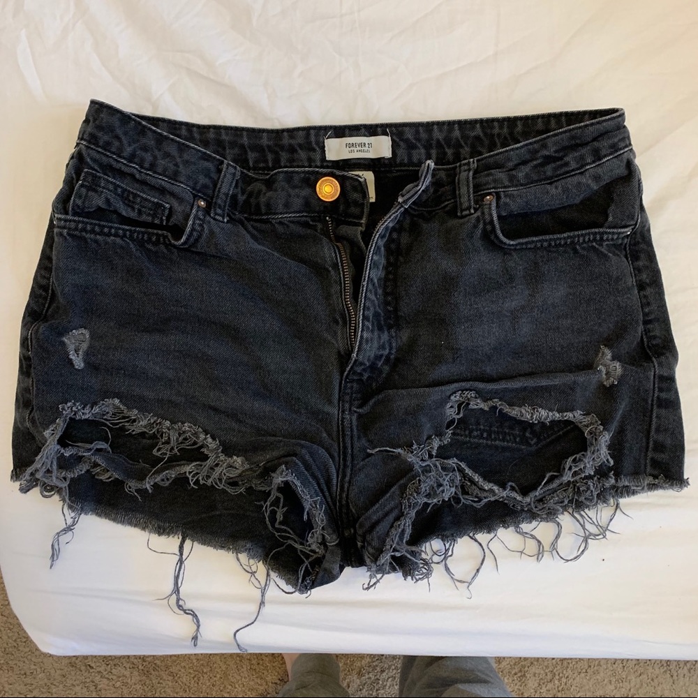 Black distressed denim shorts